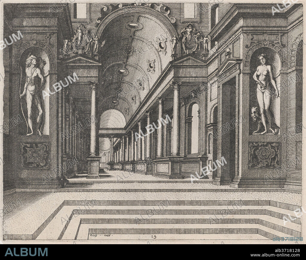 LUCAS VAN DOETECHUM AND JOHANNES VAN DOETECHUM, THE ELDER, AFTER HANS VREDEMAN DE VRIES. View in a Church with Corinthian Columns and Statues of Apollo, Melpomene, and Moses. Dated: 1560. Dimensions: plate: 20.6 × 25.9 cm (8 1/8 × 10 3/16 in.)  sheet: 25.5 × 36.2 cm (10 1/16 × 14 1/4 in.). Medium: etching on laid paper.