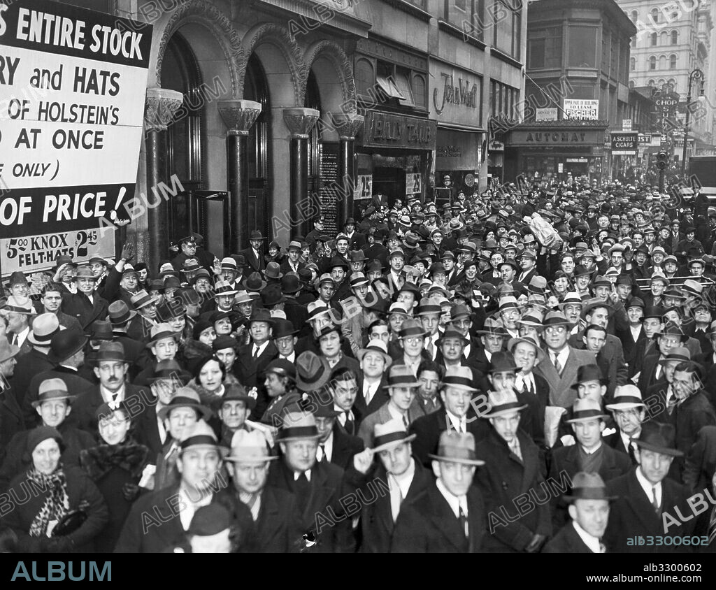 New York, New York:  February 18, 1935.The crowds of tenants stranded outside of 1385 Broadway as the building's elevator operators went on strike as part of the general Building Service Employees Union labor dispute.