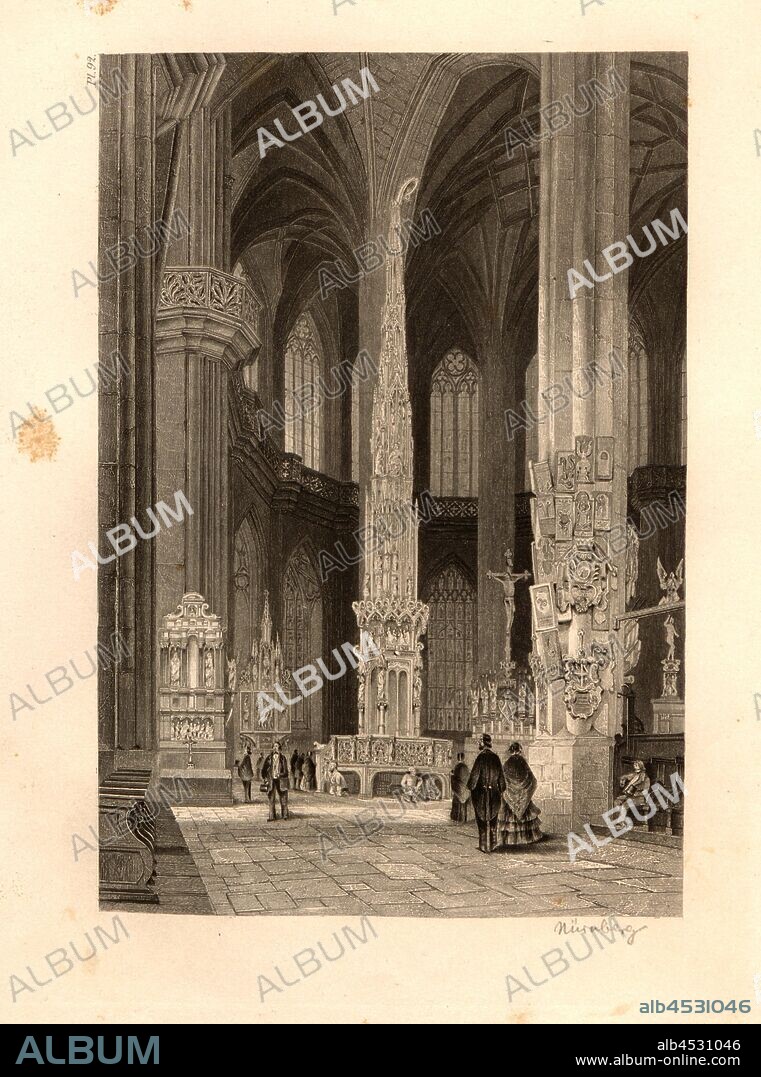 Inner view of the St. Lorenzkirche zu Nürnberg with the Sacrament house by Adam Kraft, St. Lorenz Church in Nuremberg, pl. 92, after page 200, fol. 92, Carl August Menzel: Die Kunstwerke von dem Alterthum bis in die Gegenwart [...] oder Wegweiser durch das ganze Gebiet der bildenden Kunst [...]. Bd. 2. Leipzig: J. A. Romberg's Verlag, [18--].
