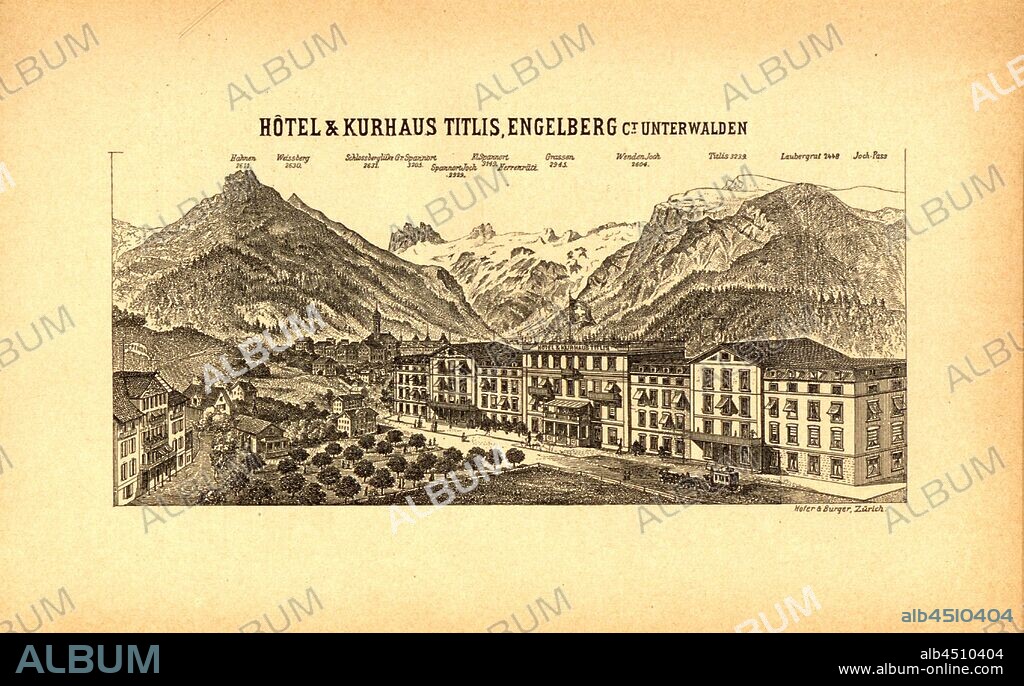 Hotel Titlis in Engelberg from the street side, View Engelberg with Hotel Titlis and mountain panorama between Hahnen and Jochpass, after p. 214, p. 241, Hofer & Burger (ill.), Albert Fleiner; Xaver Imfeld [et al.]: Engelberg: Streifzüge durch Gebirg und Tal. Zürich: Hofer & Burger, [18--].