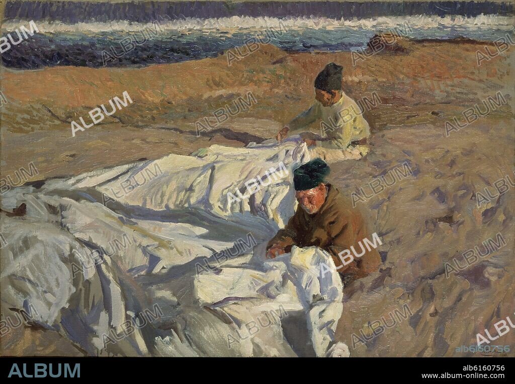 JOAQUIN SOROLLA. REPARANDO LA VELA - 1904 - OLEO/LIENZO - 93x130 cm.