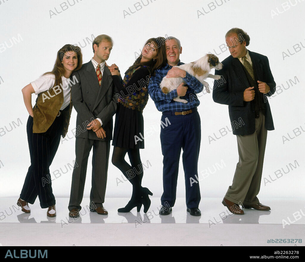 DAVID HYDE PIERCE, JANE LEEVES, JOHN MAHONEY, KELSEY GRAMMER and PERI GILPIN in FRASIER-TV, 1993. Copyright PARAMOUNT TV.