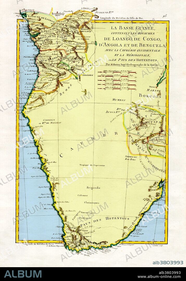 "The Kingdoms of Lower Guinea Including Loango, Congo, Angola, and Benguela with Kaffraria and the West Country of Meridionale or Hotentots," 1788. A general map of Angola and the Congo, showing some relief information. Created by M. Bonne, Ingenieur-Hydrographe de la Marine. This image has been color enhanced.