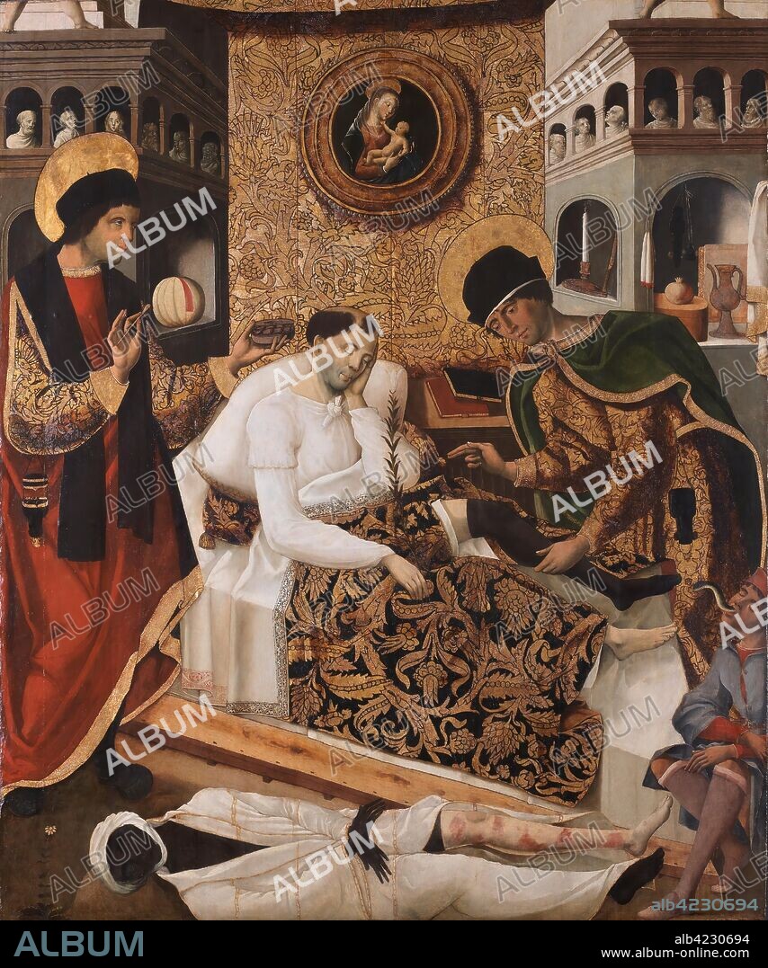 FERNANDO DEL RINCÓN DE FIGUEROA. Fernando del Rincón / 'Milagros de los santos médicos Cosme y Damián'. Hacia 1510. Óleo sobre tabla, 188 x 155 cm.