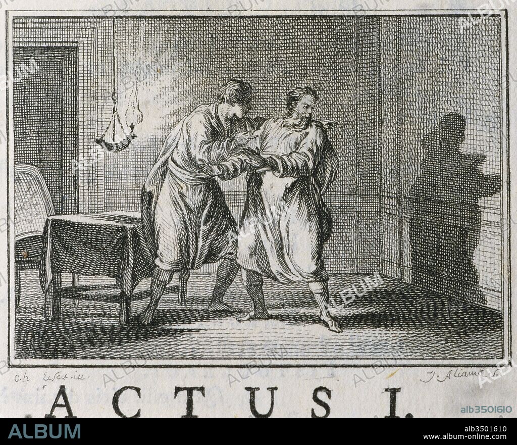 Tito Maccio Plauto (Sársina, 251 a. C. -Roma, 184 a. C.). Comediógrafo latino. Inicio del primer acto de la comedia de las llamadas Fabulae Varroniane, "Bacchides". Grabado. Edición impresa en 1581.