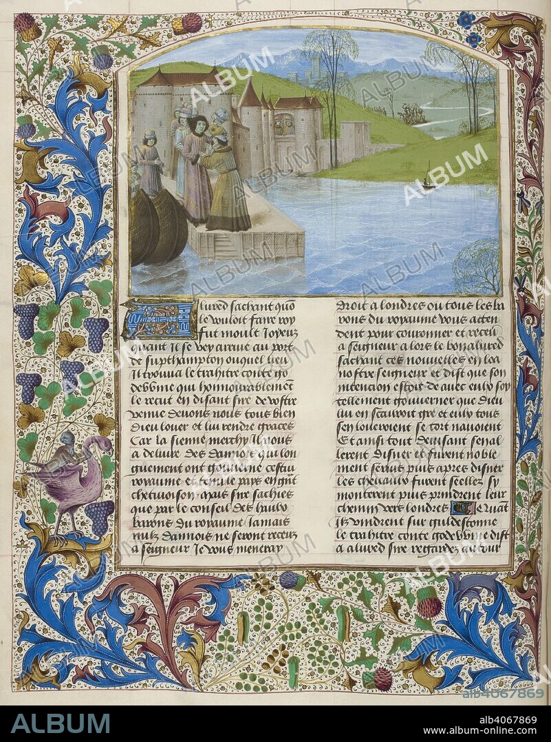 MASTER OF THE LONDON WAVRIN. The arrival of Alfred in Southampton, where he is received by the traitor, Godwin.   . Chroniques d'Angleterre. Netherlands, S. (Bruges); after 1471, before 1483. Each miniature marked by the same letter of the alphabet as the first page of a quire in which it is situated. Initials in gold on blue and rose grounds with penwork decoration on white. Line-fillers in blue and rose with penwork decoration in white. Full foliate border. Source: Royal 15 E. IV, f.213v.