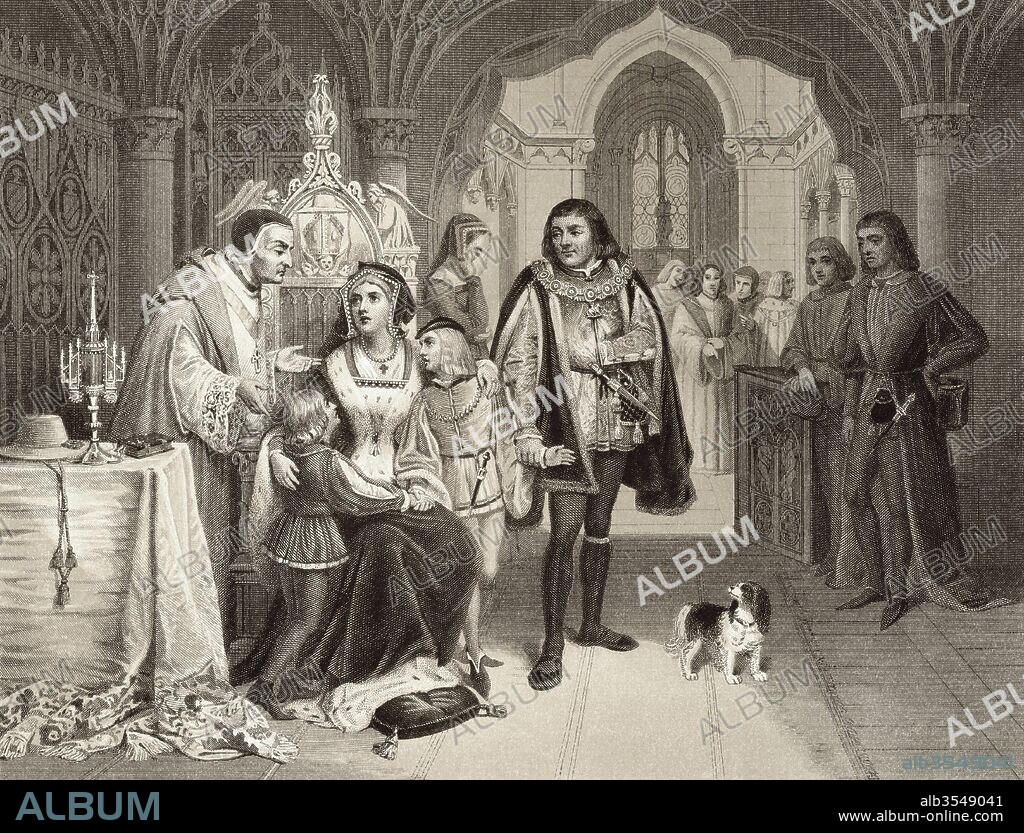 The sons of Edward IV, Edward V of England and his brother, Richard of Shrewsbury, 1st Duke of York, parted from their mother, Elizabeth Woodville, by Richard Duke of Gloucester, later Richard III, on June 16th, 1483.  From Illustrations of English and Scottish History published 1882.