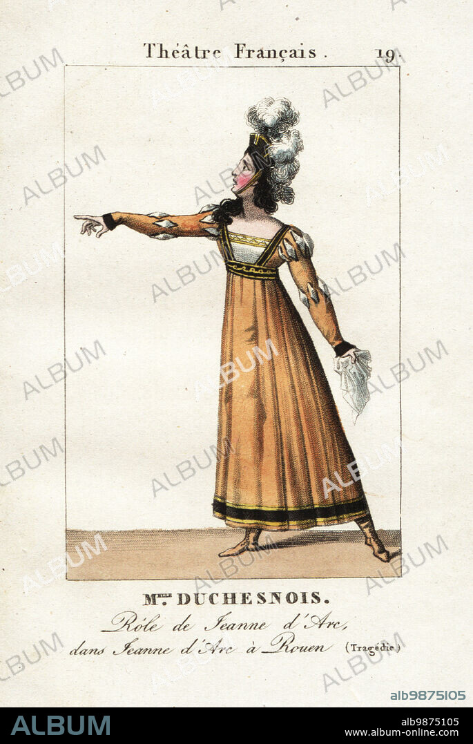 Josephine Duchesnois in the role of Joan of Arc in the tragedy Jeanne d'Arc a Rouen, by Charles-Joseph Loeillard dAvrigny, Theatre Francais, Paris, 1819. Catherine-Joséphine Duchesnois, 17771835, classical French actress and mistress of Napoleon. Handcoloured copperplate engraving from Le Musee des Theatres dedie aux dames, Premiere Annee, Firmin Didot, Paris, 1819.
