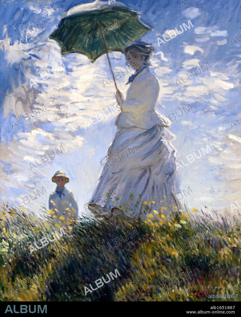 Claude Monet (14 November 1840 - 5 December 1926) French impressionist painter. The term Impressionism is derived from the title of his painting Impression, Sunrise (Impression, soleil levant). 'Woman with a Parasol, (Camille and Jean Monet)', 1875, National Gallery of Art, Washington, DC.