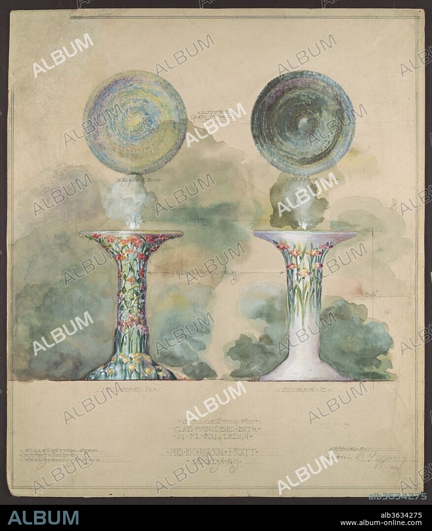 Design for mosaic birdbath. Artist: Louis Comfort Tiffany (American, New York 1848-1933 New York). Culture: American. Dimensions: 13 7/8 x 11 7/8 in. (35.2 x 30.2 cm). Maker: Possibly Tiffany Glass and Decorating Company (American, 1892-1902); Possibly Tiffany Studios (1902-32). Date: ca. 1917.
The two different schemes for a mosaic birdbath illustrate Tiffany's fascination with unusual floral devices and effects in color. The models were drafted for Mrs. Richardson Pratt, wife of the grandson of Charles Pratt, the founder of Pratt Institute in Brooklyn, New York. Delicate gradations of blue, green, and purple "luster" glass lining the bowl's interior evoke the water within and the shimmering flow from the central fountain.