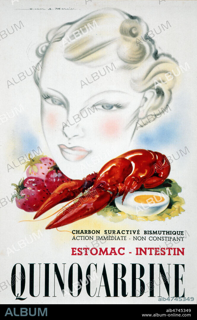 'Quinocarbine : charbon suractive bismuthique. Action immediate. Non constipant. Estomac, intestin'. Publicite de 1937 pour un medicament favorisant la digestion illustree par MERCIER (1899-1995)(ADAGP). Credit : Collection KHARBINE-TAPABOR.