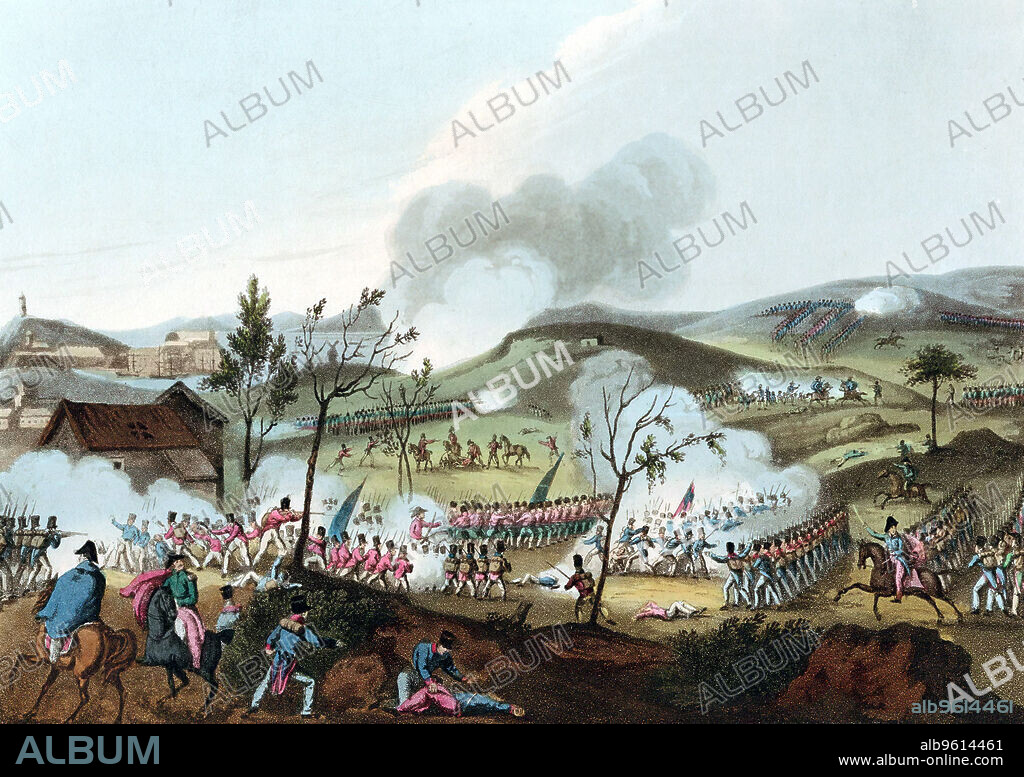 Battle of Corunna (La Coruna), Peninsular War, Spain 16 January 1809 (1815). Retreating from a much larger French army, the British under General Sir John Moore were able to hold the French off long enough to be evacuated by sea. Moore was mortally wounded in the battle. Aquatint after William Heath 1815.