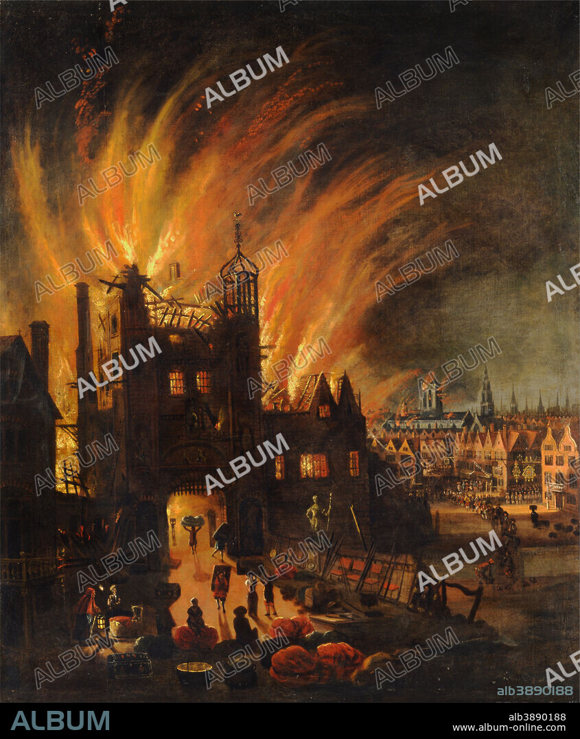 ANONYMOUS. The Great Fire of London, with Ludgate and Old St. Paul's. Date/Period: Ca. 1670. Painting. Oil on canvas. Height: 1,346 mm (52.99 in); Width: 1,108 mm (43.62 in).