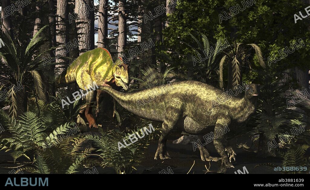 Acrocanthosaurus hunting Tenontosaurus, an early iguanodont. Tenontosaurus could grow up to 26 feet long, but had no real defense against an ambushing Acrocanthosaurus.