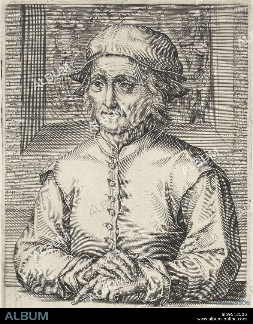 In the background devils in hell In the margin a nine-line caption, in three columns, in Latin, Portrait of Hieronymus Bosch Portraits of famous painters from the Low Countries Pictorum aliquot celebrium praecipuae Germaniae Inferioris effigies , print maker: Hendrick Hondius (I), print maker: Wierix, (rejected attribution), Cornelis Cort, 1610, paper, engraving, h 199 mm × w 121 mm.