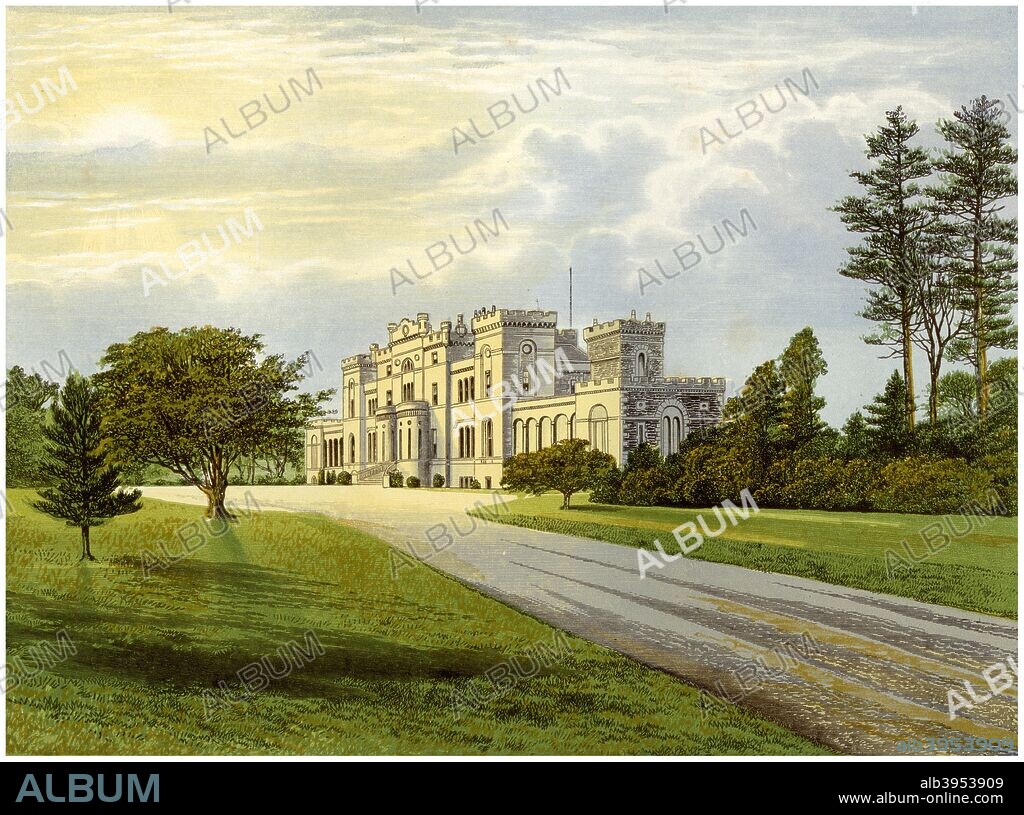 Rossie Castle, Forfarshire, Scotland, home of the Macdonald family, c1880. The house was built in c1795 for Hercules Ross, a Scottish merchant who made a fortune in Jamaica, became a friend of Nelson and became a supporter of the campaign for the abolition of the slave trade. A print from A Series of Picturesque Views of Seats of the Noblemen and Gentlemen of Great Britain and Ireland, edited by Reverend FO Morris, Volume V, William Mackenzie, London, c1880. Wood-engraved plates after paintings by Benjamin Fawcett and Alexander Francis Lydon.