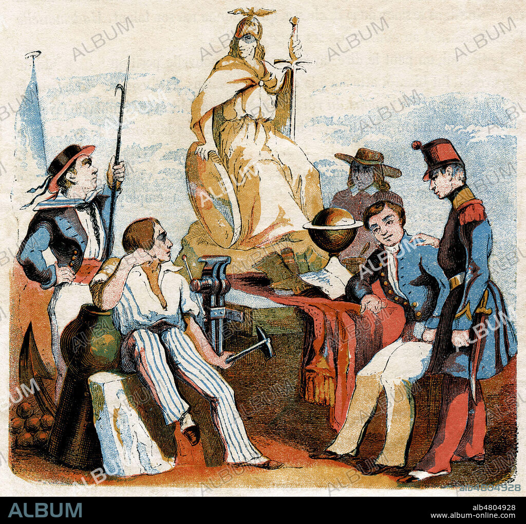 Jeunes hommes apprenti, militaire, marin etudiant au pieds de la statue de la Republique. Illustration anonyme pour le Magasin des Enfants de decembre 1847 (Premiere tentative d'impression en couleur pour la presse enfantine). Credit : Collection Jonas/Kharbine-Tapabor.