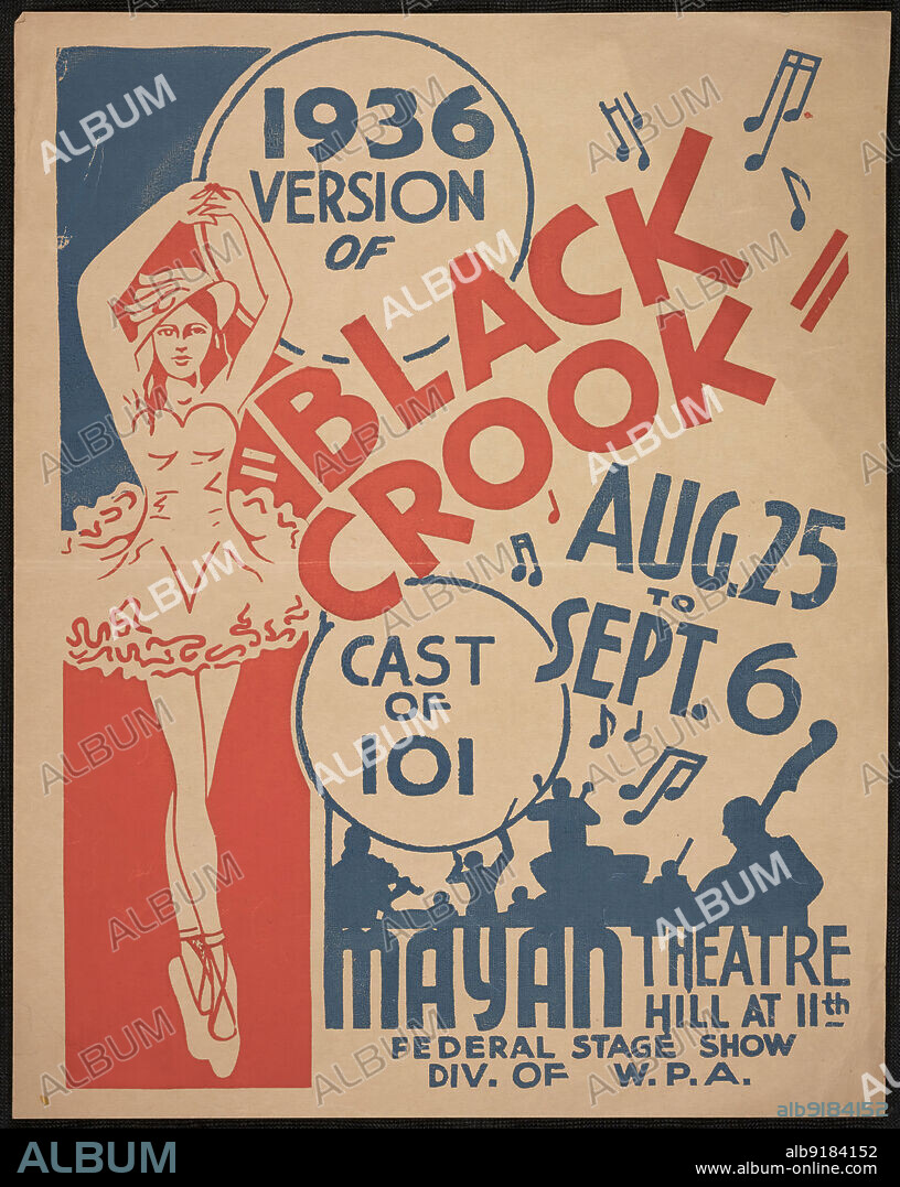 Black Crook, Los Angeles, 1936. '1936 Version of "Black Crook"...Cast of 101...Mayan Theatre...Federal Stage Show - Div. of W.P.A.'. "The Black Crook", first produced in New York City with great success in 1866, is claimed by many to be the first popular piece that conforms to the modern notion of a musical. The Federal Theatre Project, created by the U.S. Works Progress Administration in 1935, was designed to conserve and develop the skills of theater workers, re-employ them on public relief, and to bring theater to thousands in the United States who had never before seen live theatrical performances.