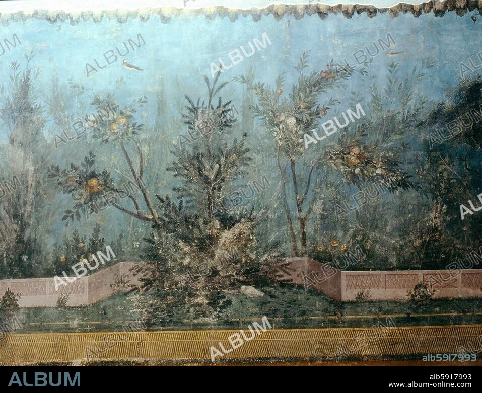 Detail of the fresco from the main hall of Livia's villa at Prima Porta, outside Rome. Livia, the wife of Augustus, owned this county villa, known as White Hen Villa, which was formerly decorated with mural frescoes representing a garden. Country of Origin: Italy. Culture: Roman.