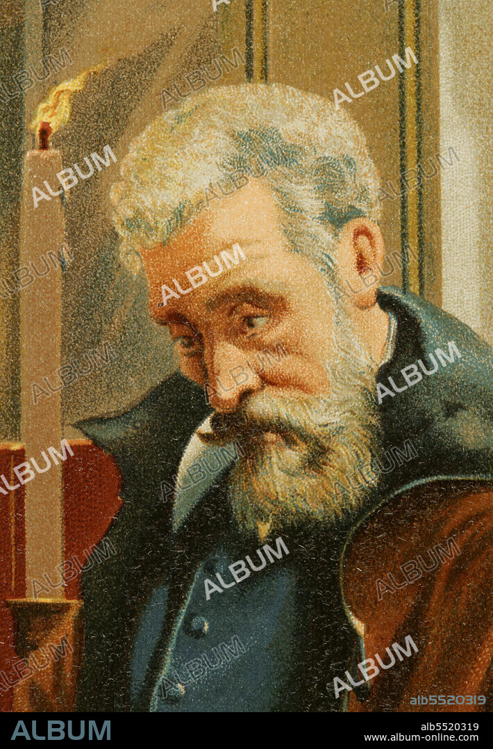 Galileo Galilei (1564-1642). Italian astronomer, mathematician and physicist. On 22 June 1633, Galileo was forced to abjure his doctrine before an inquisitorial tribunal, under the mandate of Pope Urban VIII. The trial was held at the Dominican convent of Santa Maria sopra Minerva in Rome. Portrait. Chromolithography. Historia Universal, by César Cantú. Volume VIII. Published in Barcelona, 1886.