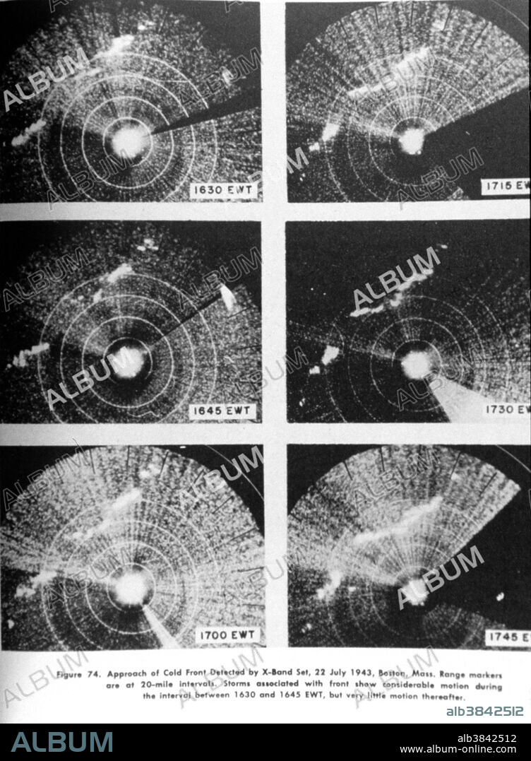 Approach of a cold front as observed on an X-Band radar set at Boston in July, 1943. This is perhaps the oldest preserved image of meteorological phenomena as observed by radar. A cold front is the forward edge of an advancing mass of cold air that pushes under a mass of warm air. Cold fronts often cause precipitation; water vapor in the rising warm air condenses and forms clouds, often resulting in heavy rain, thunderstorms, hail, or snow. Winter cold fronts can cause temperatures to drop significantly. Summer cold fronts reduce humidity as drier, cooler air displaces the humid, warmer air. On a weather map, a cold front is depicted as a blue line with triangles that point in the direction in which the cold air is moving.