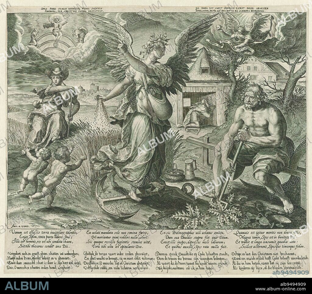Hope (Spes), The four enemies of the true believer and the divine virtues, In the center is a winged female figure on an anchor, laurel wreath on her head. She is sowing wheat and pointing to heaven. Before her a man digging a hole with his spade among the thistles to hide his earthly treasures (crockery and coins). Behind her a woman mowing the wheat. In the foreground two naked children. In the background the repentant King David, kneeling in prayer in a wooden barn. Top left Christ on a rainbow in the clouds, adored by Mary and John. Top right an angel with skull in hand in the clouds. With caption of 4 columns each in 4 lines of Latin and 4 lines of Dutch. Second print in series with four allegories of the Faith. Third print in series with Allegories of the Virtues and Faith., print maker: Hieronymus Wierix, after design by: Maerten de Vos, (mentioned on object), publisher: weduwe Hieronymus Cock, (mentioned on object), c. 1580, paper, engraving, height 295 mm × width 335 mm.