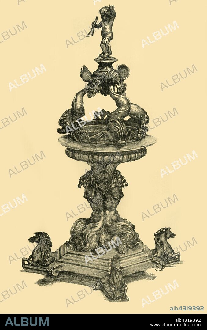 THOMAS BENJAMIN KENNINGTON. Silver table ornament, 1680-1699, (1881). Etching of an ornament or salt cellar decorated with dolphins, made in the late 17th century by silversmith Sebastian Juvarra of Messina, Sicily. The design is derived partly from the 16th-century Fountain of Orion by Giovanni Angelo Montorsoli, in the town of Messina. From "The South Kensington Museum", a book of engraved illustrations, with descriptions, of the works of art in the collection of the Victoria & Albert Museum in London (formerly known as the South Kensington Museum). [Sampson Low, Marston, Searle and Rivington, London, 1881].