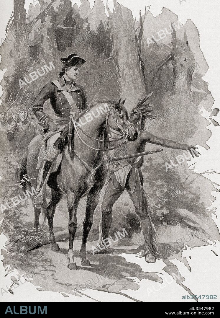 George Washington receives a message from chief Half-King whilst travelling from Alexandria to Wills Creek in 1754 at the start of the French and Indian war. George Washington, 1732 -1799. First President of the United States. From The History of Our Country, published 1900.