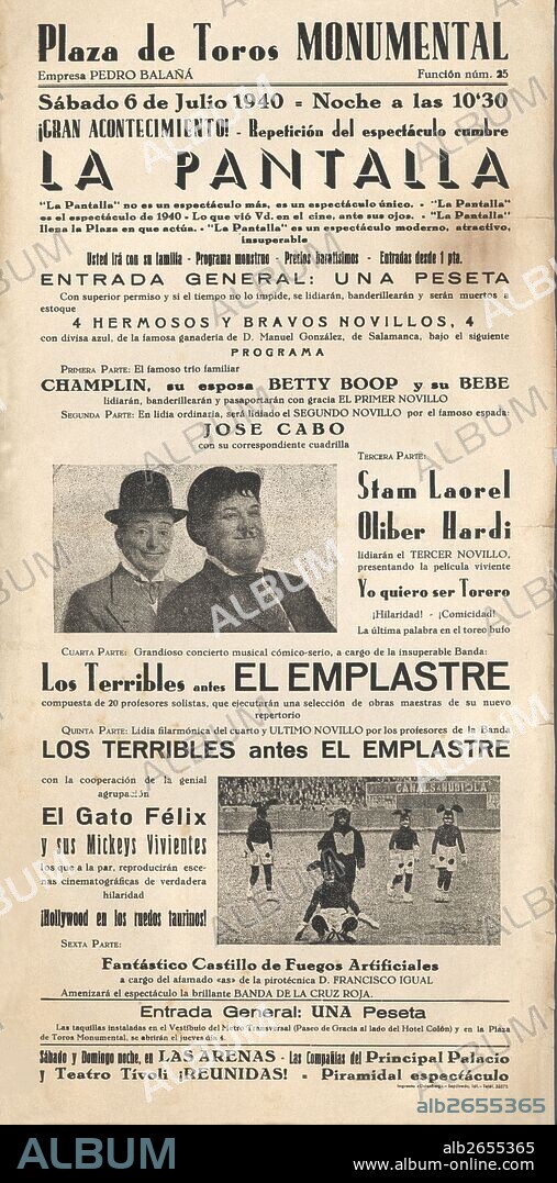 Cartel anunciador del espectáculo cómico-taurino La Pantalla en la plaza de toros Las Arenas, de Barcelona, en 1940.