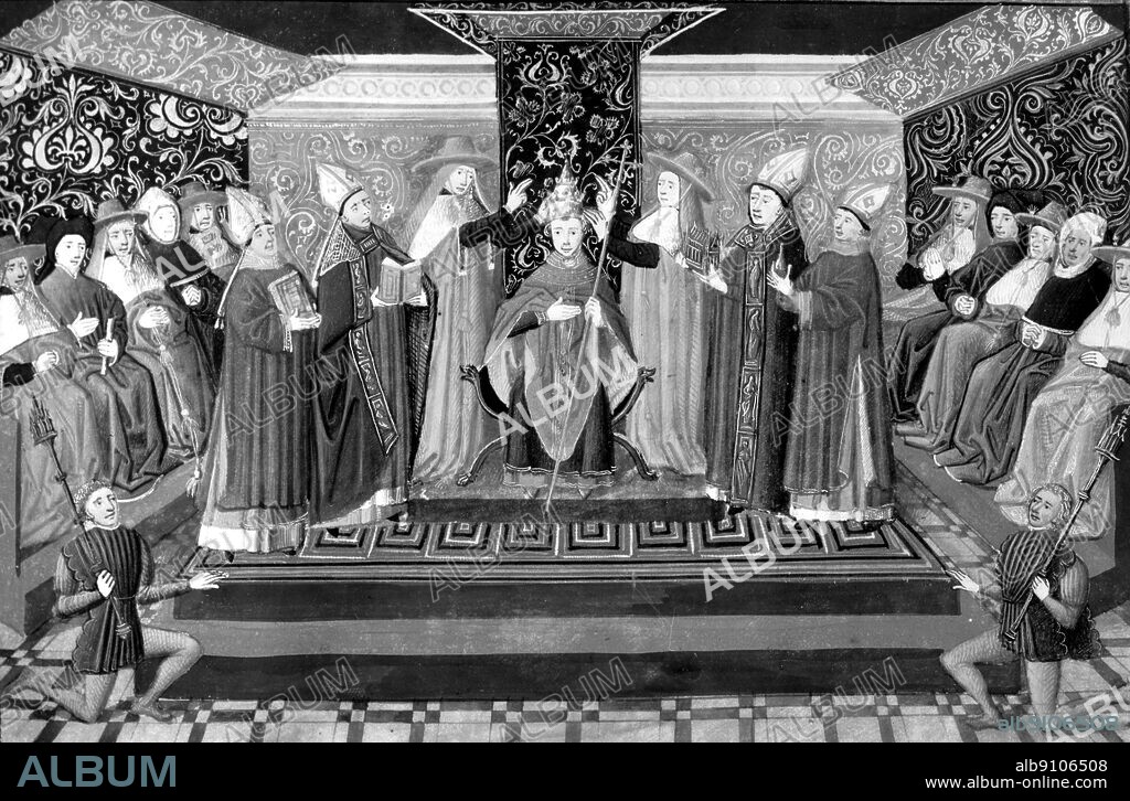 Boniface IX 1389. Coronation from chronicle of Froissant 15th century. Boniface IX (orig. Piero Tomacelli) Italian pope 1389-1404 _13XX-1404.