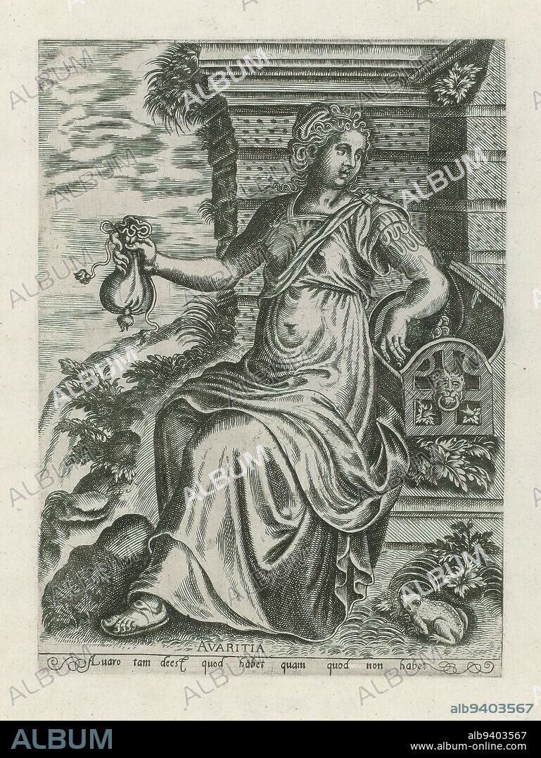 Avarice, Avaritia (title on object), Vices (series title), Personification of Avarice in the guise of a woman in antique gown, sitting in landscape near wall. In her right hand she holds a money pouch and with her left hand she reaches into a cash box standing next to her. In front on the right is a frog. In the margin a one-line caption in Latin., print maker: anonymous, after design by: Frans Floris (I), (possibly), publisher: Adriaen Huybrechts (I), (mentioned on object), print maker: Low Countries, publisher: Antwerp, 1575, paper, engraving, height 219 mm × width 160 mm.