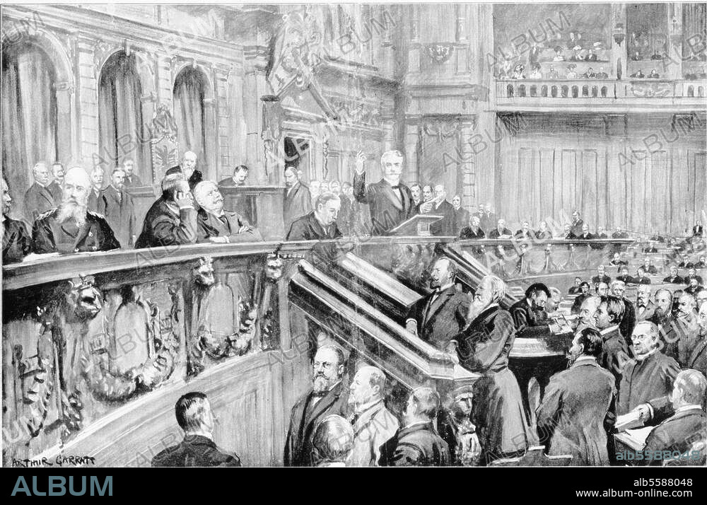 "Daily Telegraph"-Affäre 1908 / Verhandlung im Reichstag 10./11. November 1908. "Der Abgeordnete Bassermann begründet die Interpellation der Nationalliberalen". (Ernst Bassermann, Führer der Nationalliberalen; auf der Reg. Bank Reichskanzler Bernhard v. Bülow u. a.). Gouache, zeitgenössisch, von Arthur P. Garrat.