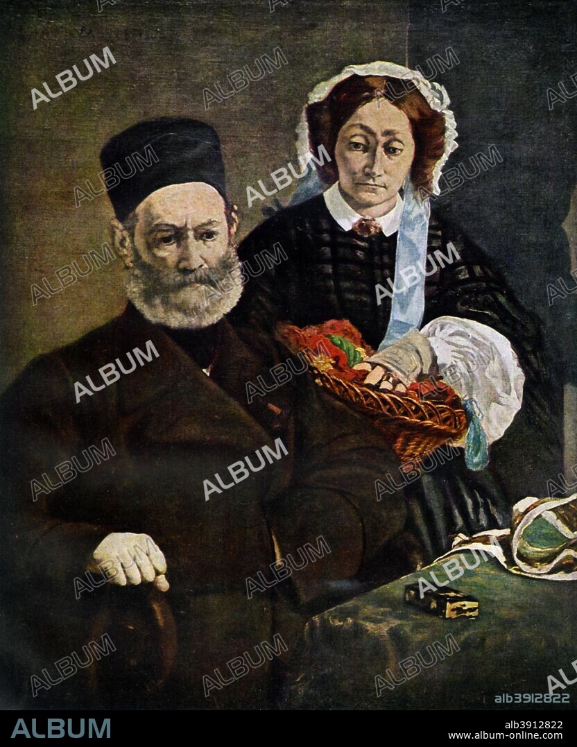 'Portrait of Monsieur and Madame Auguste Manet', 1860 (1938). Auguste Manet (1797-1862) held important posts in the legal administration, becoming a chevalier of the Legion of Honour and a judge. He married Eugenie Desiree Fournier who gave him three sons, Edouard (1832-83), Eugene (1833-92) and Gustave (1835-84). Auguste Manet became partially paralysed in 1858, two years before Manet painted this portrait. Found in the collection of the Musee d'Orsay, Paris, France. Plate taken from Manet, by Robert Rey, published by William Heinemann Ltd (1938).