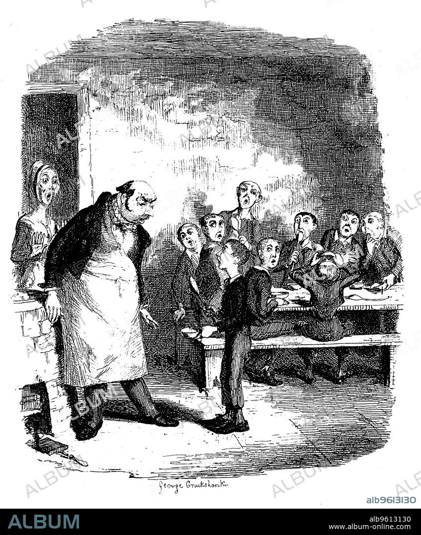 JAMES MAHONEY. Scene from Oliver Twist by Charles Dickens, 1836. Oliver Twist causes a sensation in the children's ward of the workhouse by asking for a second helping of porridge. In the background his starving companions polish their bowls and spoons in their hunger. From Oliver Twist by Charles Dickens. (London, 1837-1838).