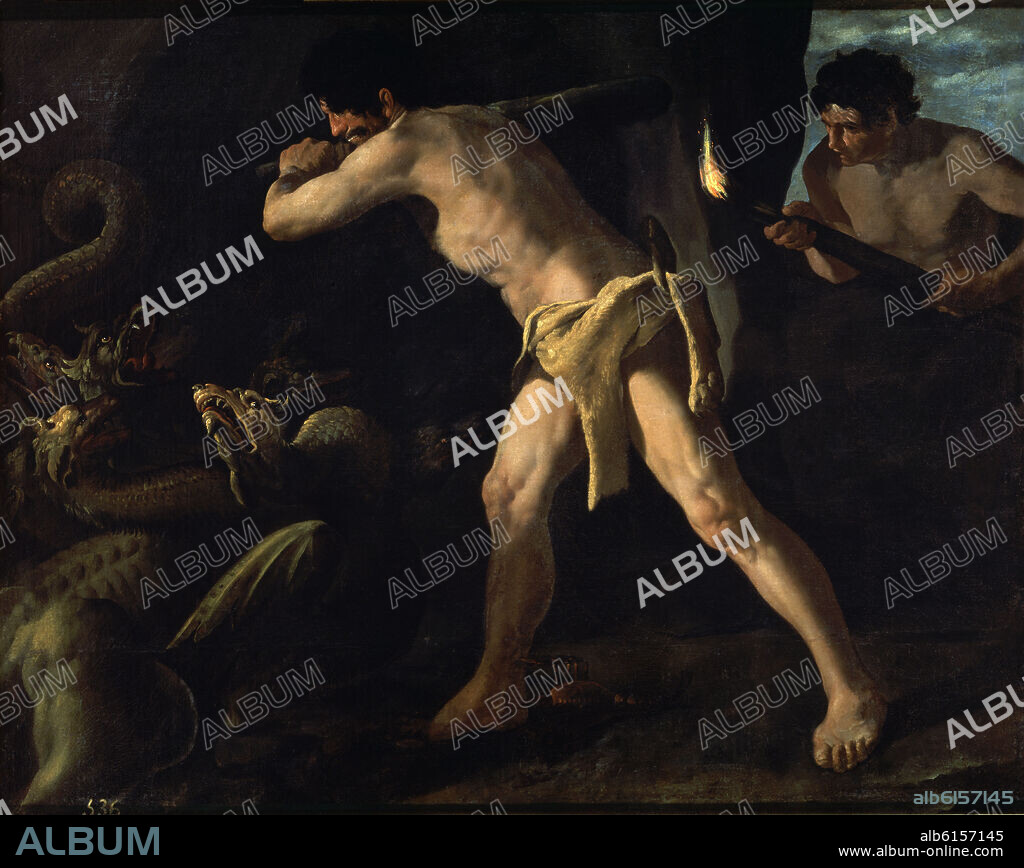 FRANCISCO DE ZURBARAN. Hercules fighting the hydra of Lerna. Lucha de Hercules con la hidra de Lerna. 1634. Oil on canvas (133x167). Spanish baroque. Madrid, Prado museum.