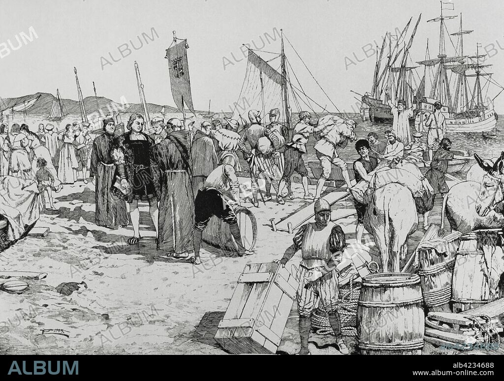Embarque de Cristobal Colón hacia las Indias en el Puerto de Palos de la Frontera, el 3 de agosto de 1492. Huelva, España. Grabado. "Museo Militar del Ejército Español", Tomo I. Evaristo Ullastres Editor. Barcelona, 1883. Biblioteca Histórico Militar de Barcelona, Cataluña, España.