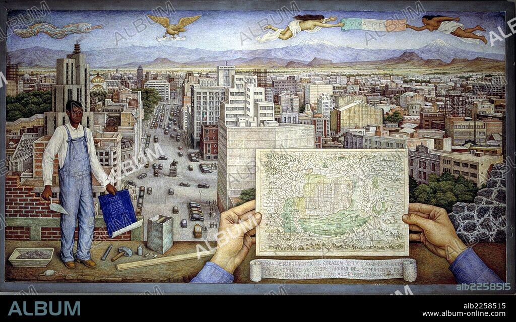 JUAN O'GORMAN. O'GORMAN , JUAN. PINTOR MEXICANO 1905 - 1982. " CIUDAD DE MEXICO " , TEMPERA SOBRE MASONITA.AÑO 1942. MUSEO DE ARTE MODERNO. MEXICO DF.