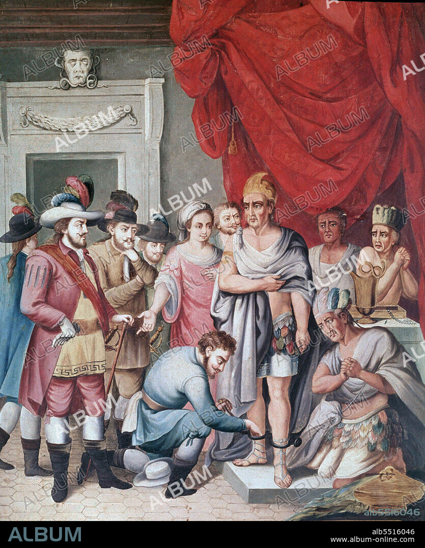 MOCTEZUMA II. ULTIMO EMPERADOR AZTECA . 1467 - 1520. " MOCTEZUMA ES APRESADO POR HERNAN CORTES 1519. PINTURA DE LA SERIE " CONQUISTA DE MEXICO ". MUSEO DE AMERICA . MADRID.
