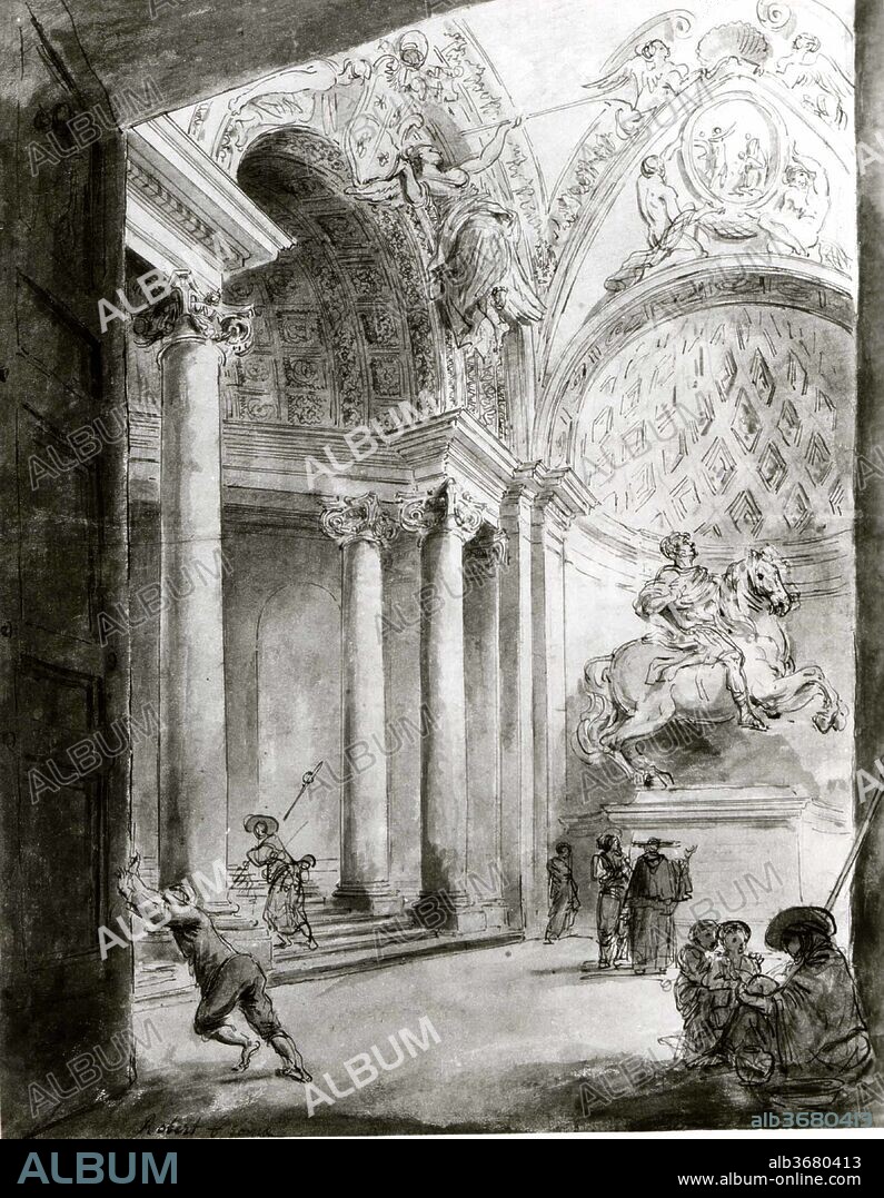 Interior of Saint Peter's. Artist: Hubert Robert (French, Paris 1733-1808 Paris). Dimensions: 16 3/16 x 12 5/8 in.  (41.1 x 32.1 cm). Date: ca. 1758.
In this ink and watercolor drawing, Hubert Robert delineates the architecture of Saint Peter's where the Scala Regia connects the Vatican apartments with the Basilica. At the intersection is a niche containing Bernini's statue of Constantine the Great. Robert seems equivocal as to whether to approach the view in the spirit of fantasy or fidelity. He is at once faithful to his subject yet obviously deviant, adding his own invention to the architectural program.