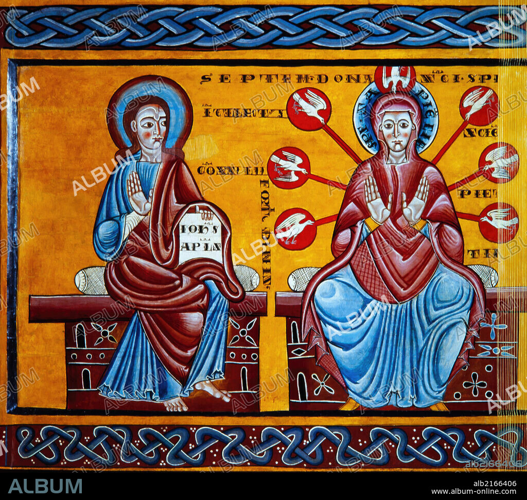 Mestre de Lluça, Altar de Santa Maria de Lluçà. Detalle, Juan el Evangelista y la Virgen María, pintura sobre madera, románico, siglo XII. Museu Episcopal de Vic.