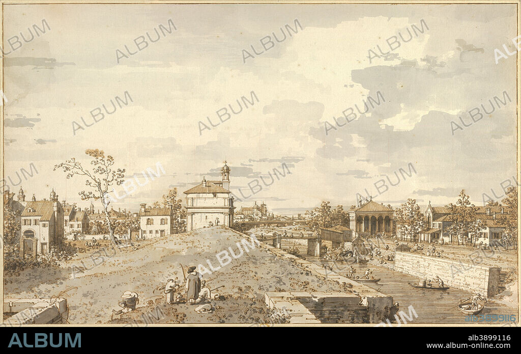 CANALETTO. The Porta Portello with the Brenta Canal in Padua, 1740-1743. Date/Period: From 1740 until 1743. Pen and brown ink, brown and black-gray wash in two tones, over preliminary drawing with black pencil; red chalk lines and lines incised with metal stylus, presumably part of squaring. Pencil, ink, black chalk, sanguine, quill.