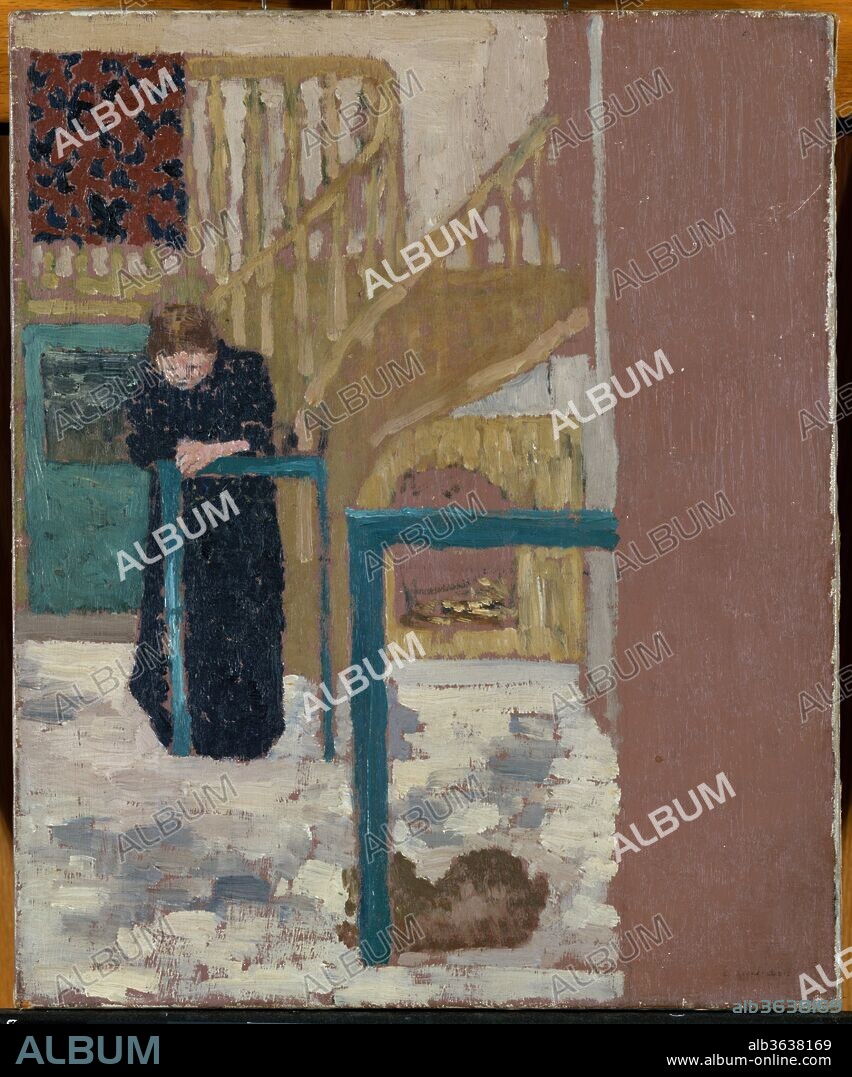 EDOUARD VUILLARD. Mme Vuillard in a Set Designer's Studio. Artist: Édouard Vuillard (French, Cuiseaux 1868-1940 La Baule). Dimensions: 17 3/4 x 14 3/4 in.  (45.1 x 37.5 cm). Date: 1893-94.
The complex architecture of this interior suggests that it was painted in the studio where Vuillard worked as a set painter. The figure shown before the staircase may be Vuillard's mother, a seamstress, who appears to be crouching over a balustrade either working on a garment or in pensive repose. Starting in 1889, Vuillard was associated with a group of young avant-garde artists who called themselves the Nabi (Hebrew for "prophet"). They painted from memory, unlike their predecessors, the Impressionists, who painted of the moment.