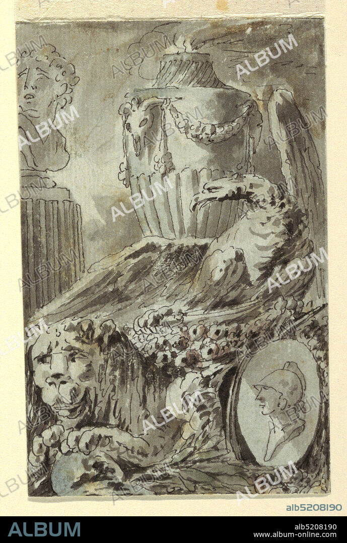 Fantasy of Classical Sculpture, Jean-Charles Delafosse, French, 17341791, Pen and brush and black ink, wash, black chalk on white laid paper, Classical representations of a lamp, an eagle, a bust, a lion, and a medallion showing a warrior in profile., France, 1770, ornament, Drawing, Drawing.