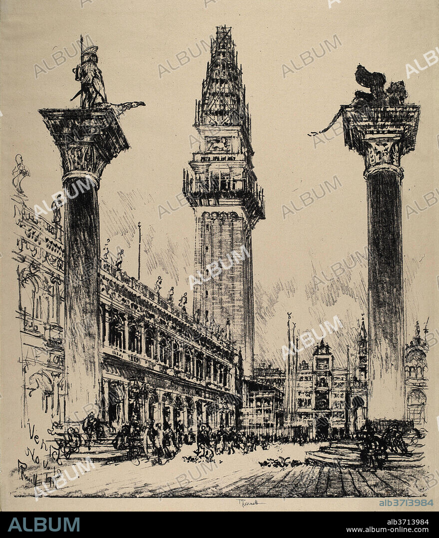 JOSEPH PENNELL. Venice, Rebuilding the Campanile. Dated: 1911. Medium: lithograph.