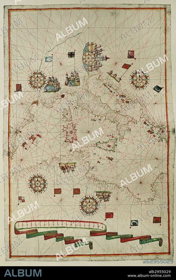 MAPA DEL MEDITERRANEO OCCIDENTAL CON SUS ISLAS, ITALIA, LAS COSTAS MERIDIONALES DE EUROPA Y LAS DE AFRICA DEL NORTE. ATLAS PORTULANO o Carta Náutica de JOAN MARTINES, cartógrafo español, perteneciente a la Escuela Mallorquina. El manuscrito consta de diecinueve mapas a doble folio. Messina (Sicilia), 1587. Biblioteca Nacional, Madrid. España.