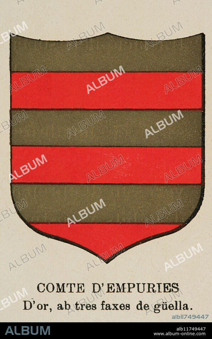 Condados catalanes. Condado de Ampurias (comtat d'Empúries) (812-1402). Escudo de armas del conde de Ampurias (comte d'Empúries). "Història de Catalunya", de Antoni Aulèstia i Pijoan (1894-1918), anotada y continuada por Ernest Moliné i Brasés (1868-1940). Publicada en Barcelona, Centre Editorial Artístic de Miquel Seguí, 1922. Tomo I.