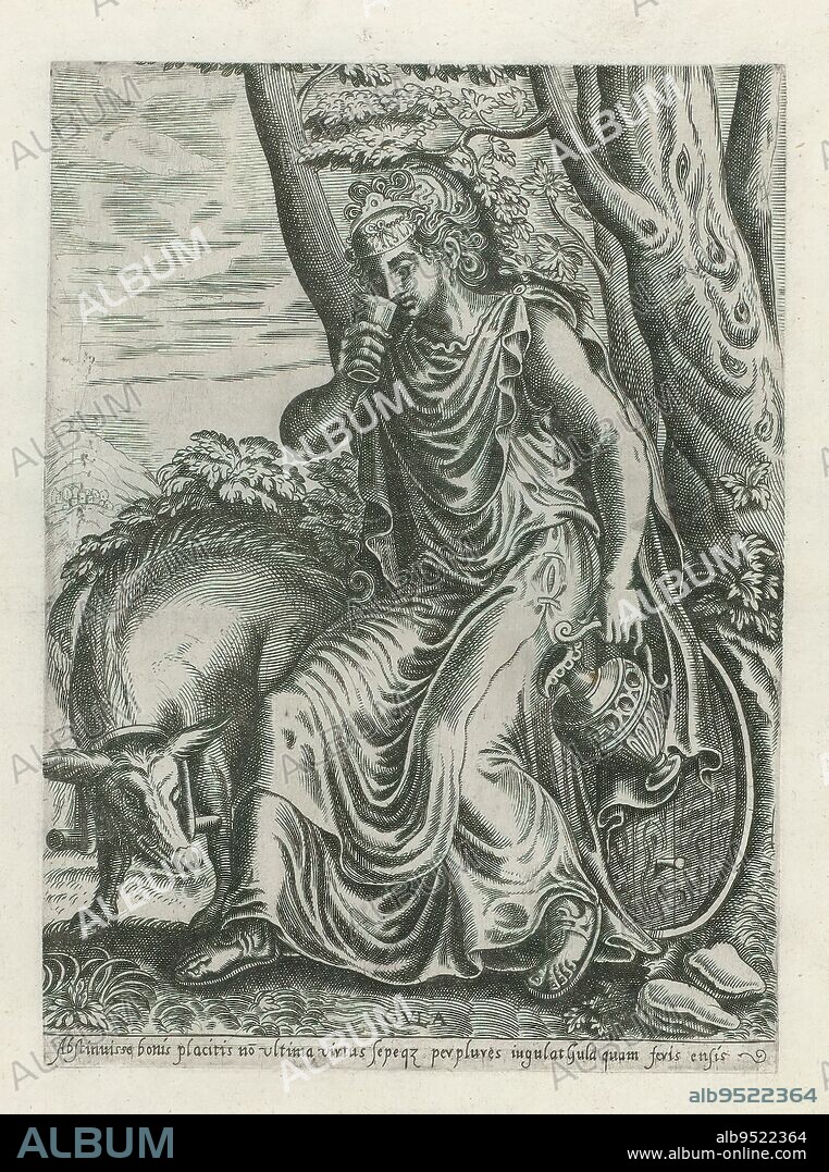Gluttony, Gula (title on object), Vices (series title), Personification of Gluttony in the guise of a woman in antique gown, sitting on a wine barrel under a tree. In her left hand she holds a pitcher and in her right hand a glass which she brings to her mouth. Next to her the boar as her attribute. In the margin a one-line caption in Latin., print maker: anonymous, after design by: Frans Floris (I), (possibly), publisher: Adriaen Huybrechts (I), (possibly), print maker: Low Countries, publisher: Antwerp, 1575, paper, engraving, height 221 mm × width 161 mm.