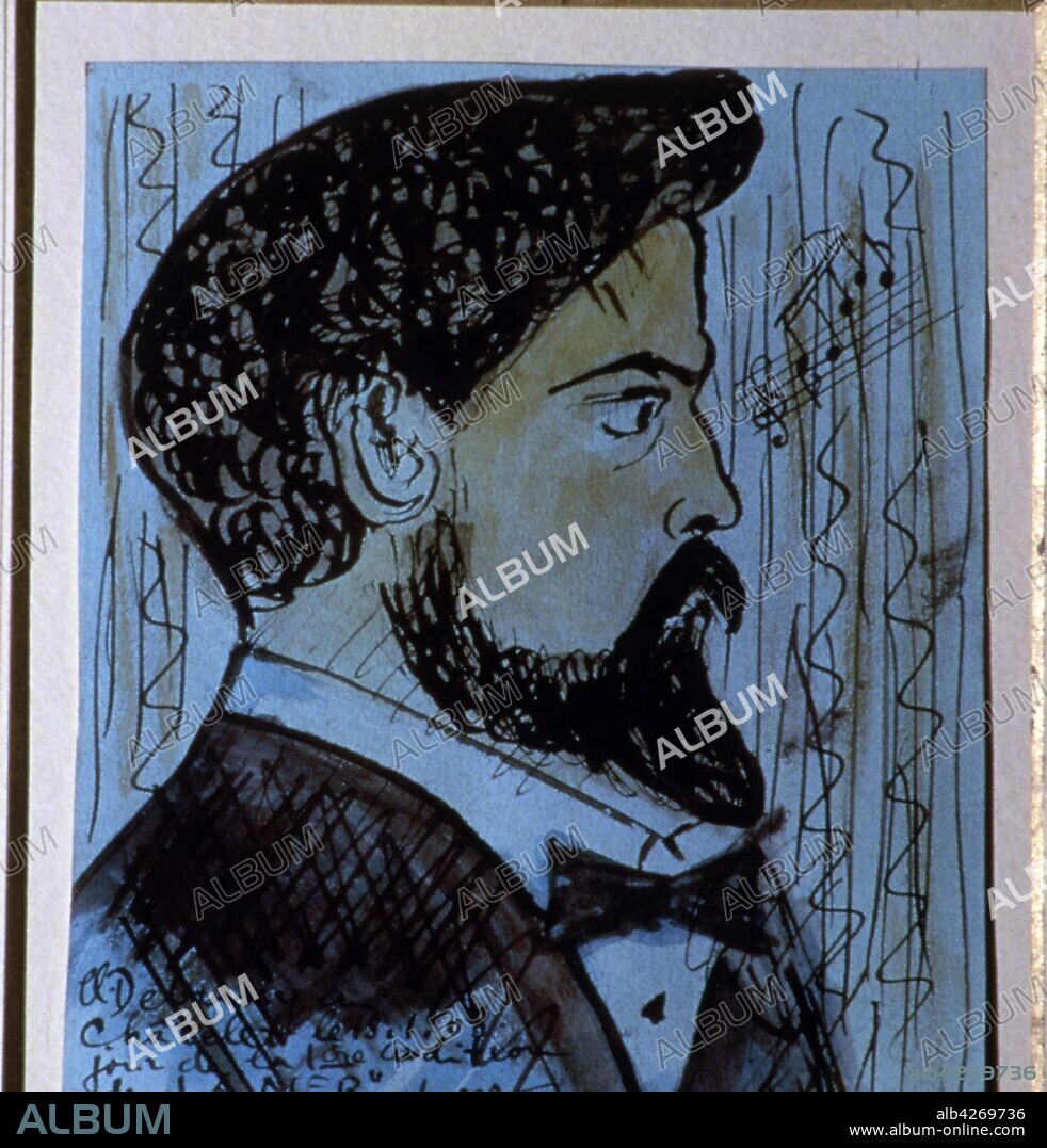 Watercolour portrait of Achille-Claude Debussy (1862 – 1918), French composer. He was the most prominent figures associated with Impressionist music. Portrait by Theophile Alexandre Steinlen.