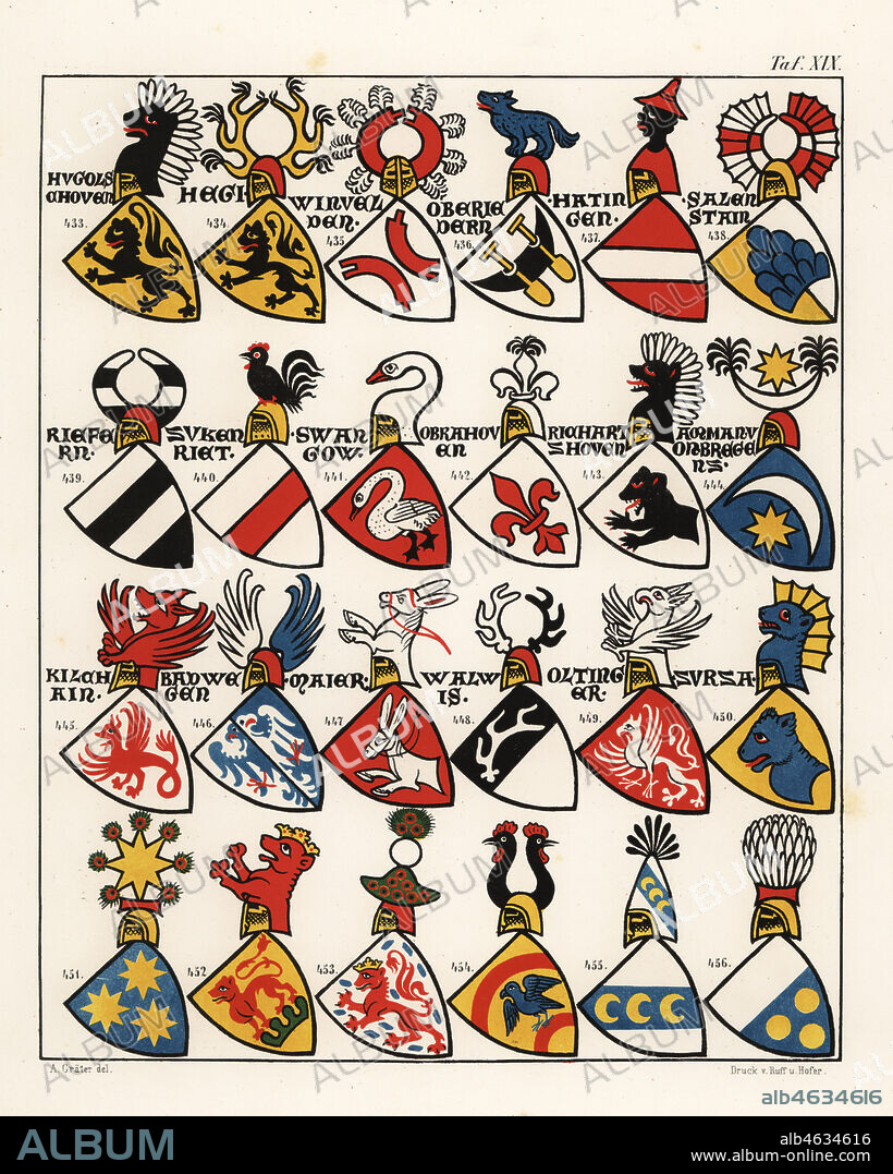 Swiss coats of arms, c. 1340. Chromolithograph by A. Graeter from Die Wappenrolle von Zurich, The Zurich Armorial, Antiquarische Gesellschaft in Zurich, 1860. Reprint of a 14th century manuscript roll of arms showing the heraldry of the Holy Roman Empire with 559 coats of arms and 28 flags of bishoprics in Switzerland.