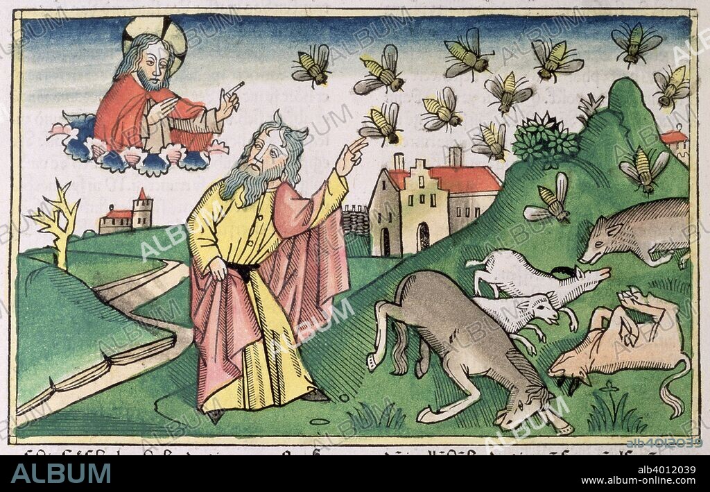 Exodus 8:20-32: Moses and the swarm of flies, one of the Seven Plagues of Egypt. Facsimile copy of a 15th century manuscript of the German School.